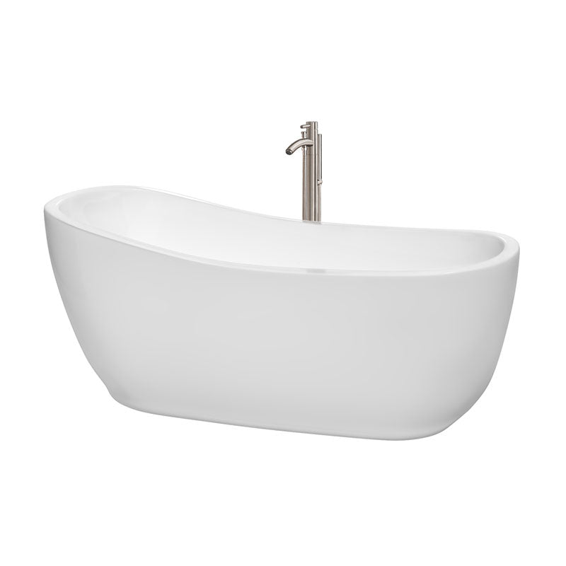 Wyndham Collection Margaret 66 inch Soaking Bathtub in White with Brushed Nickel Trim, and Brushed Nickel Floor Mounted Faucet