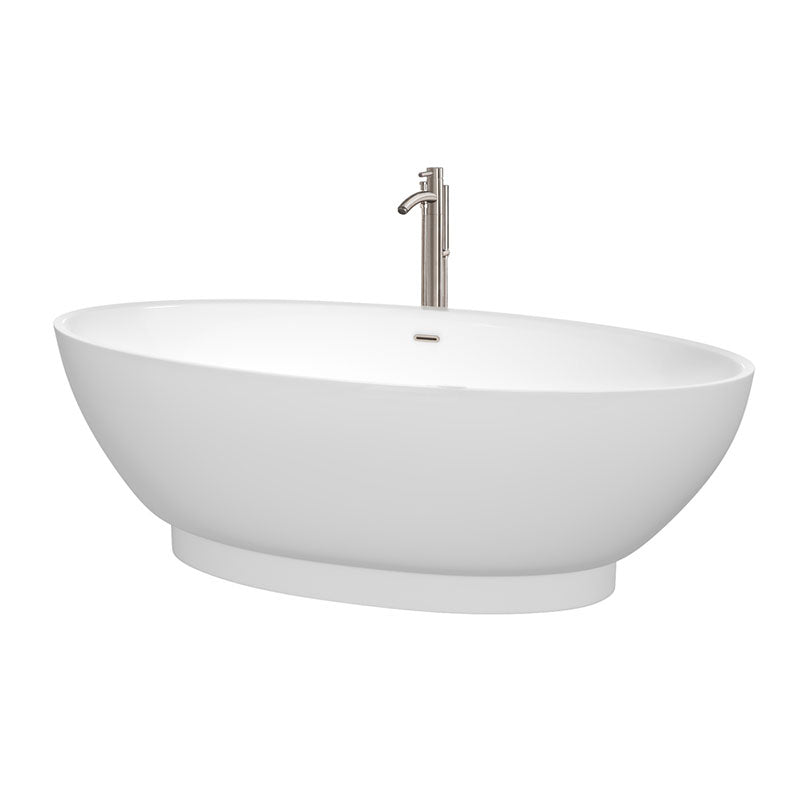 Wyndham Collection Helen 70 inch Soaking Bathtub in White with Brushed Nickel Trim, and Brushed Nickel Floor Mounted Faucet
