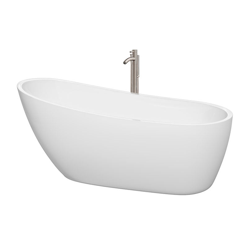Wyndham Collection Florence 68 inch Soaking Bathtub in White with Brushed Nickel Trim, and Brushed Nickel Floor Mounted Faucet