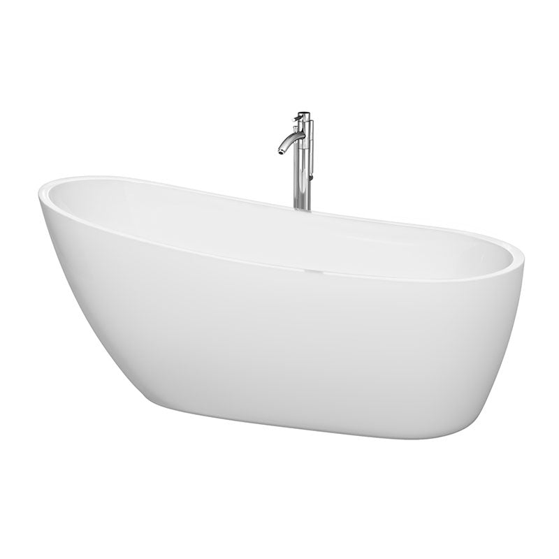 Wyndham Collection Florence 68 inch Soaking Bathtub in White with Polished Chrome Trim, and Polished Chrome Floor Mounted Faucet