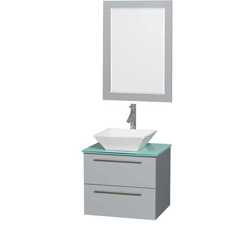 Amare 24" Single Bathroom Vanity in Dove Gray, Green Glass Countertop, Pyra White Porcelain Sink and 24" Mirror