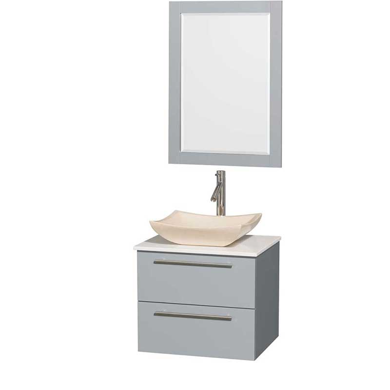 Amare 24" Single Bathroom Vanity in Dove Gray, White Man-Made Stone Countertop, Avalon Ivory Marble Sink and 24" Mirror