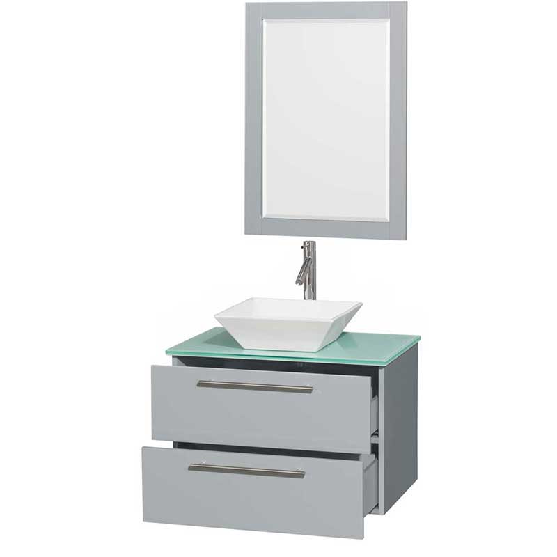 Amare 30" Single Bathroom Vanity in Dove Gray, Green Glass Countertop, Pyra White Porcelain Sink and 24" Mirror 2