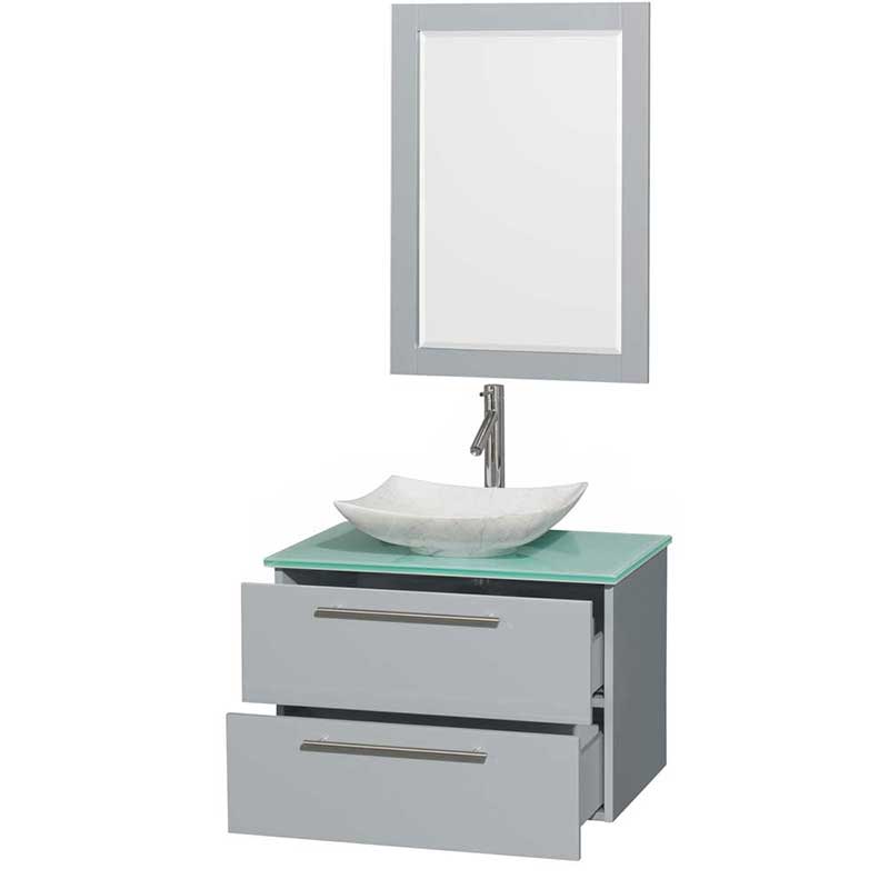 Amare 30" Single Bathroom Vanity in Dove Gray, Green Glass Countertop, Arista White Carrera Marble Sink and 24" Mirror 2