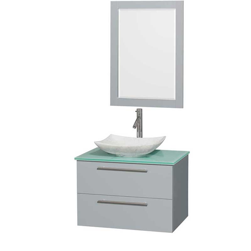 Amare 30" Single Bathroom Vanity in Dove Gray, Green Glass Countertop, Arista White Carrera Marble Sink and 24" Mirror