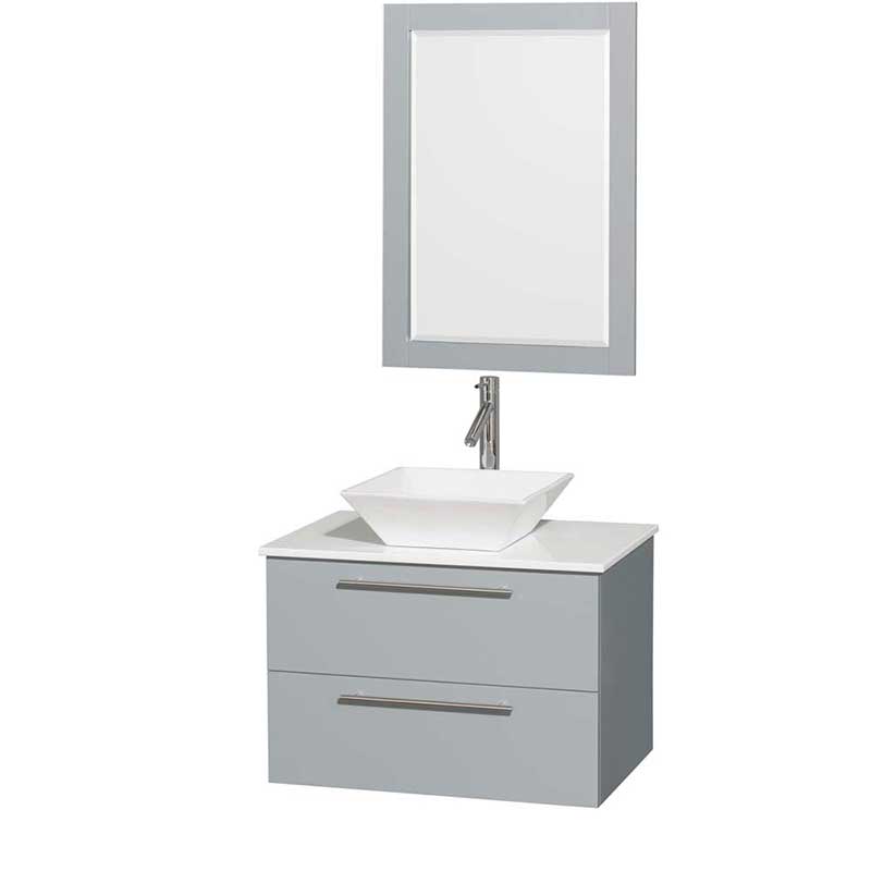 Amare 30" Single Bathroom Vanity in Dove Gray, White Man-Made Stone Countertop, Pyra White Porcelain Sink and 24" Mirror