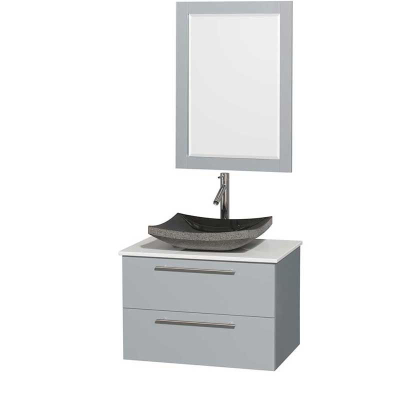 Amare 30" Single Bathroom Vanity in Dove Gray, White Man-Made Stone Countertop, Altair Black Granite Sink and 24" Mirror