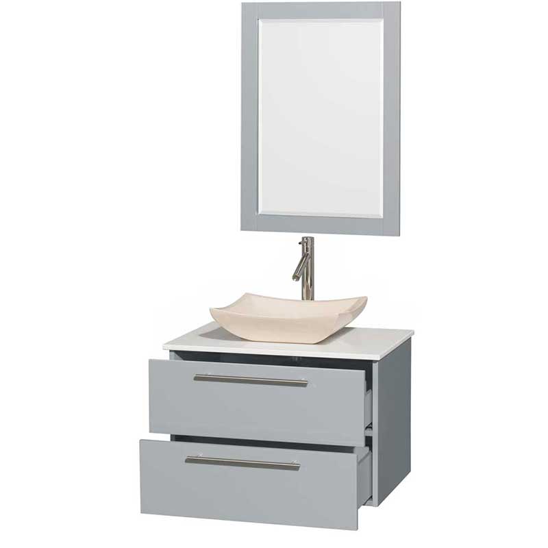 Amare 30" Single Bathroom Vanity in Dove Gray, White Man-Made Stone Countertop, Avalon Ivory Marble Sink and 24" Mirror 2