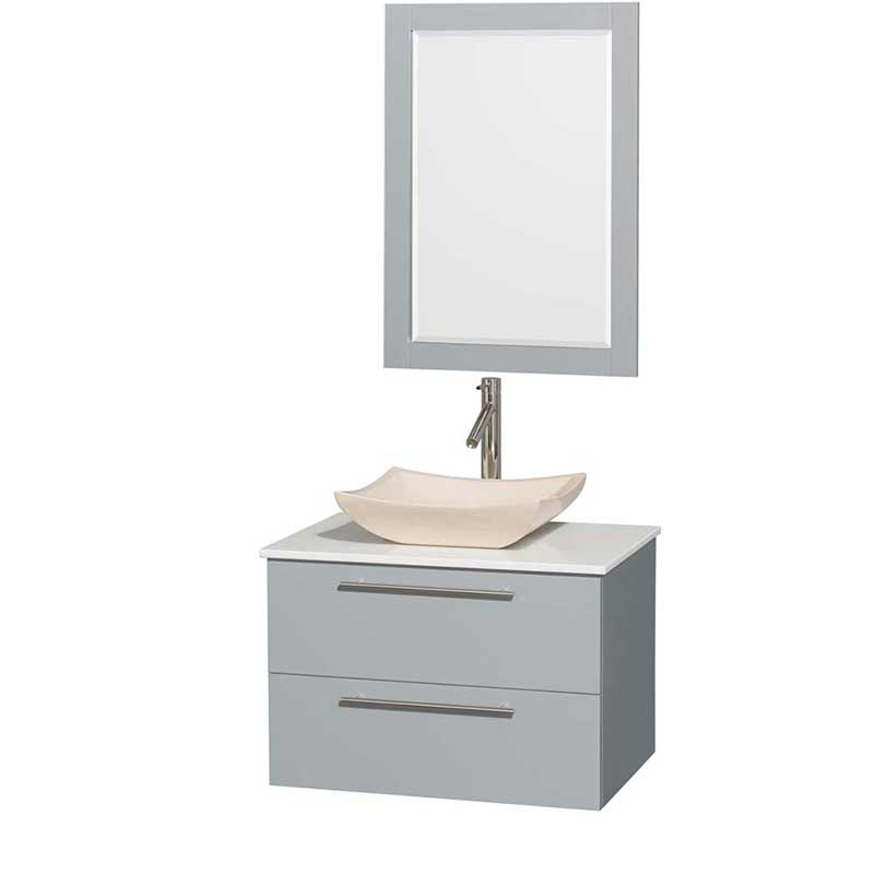 Amare 30" Single Bathroom Vanity in Dove Gray, White Man-Made Stone Countertop, Avalon Ivory Marble Sink and 24" Mirror