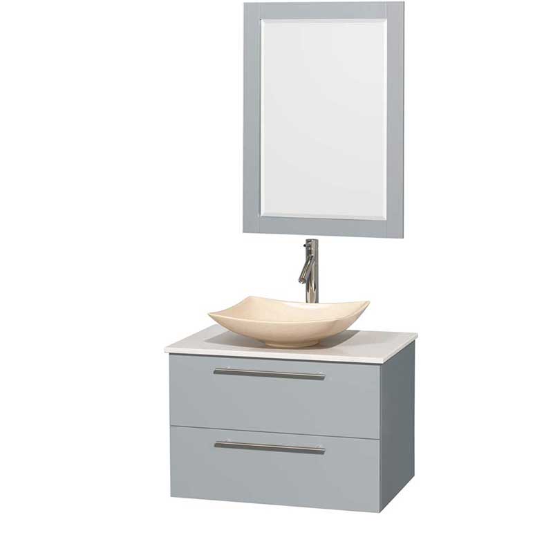 Amare 30" Single Bathroom Vanity in Dove Gray, White Man-Made Stone Countertop, Arista Ivory Marble Sink and 24" Mirror
