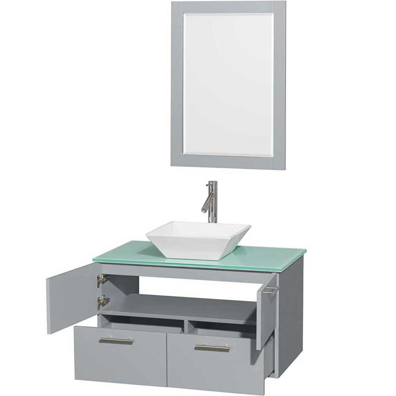 Amare 36" Single Bathroom Vanity in Dove Gray, Green Glass Countertop, Pyra White Porcelain Sink and 24" Mirror 2