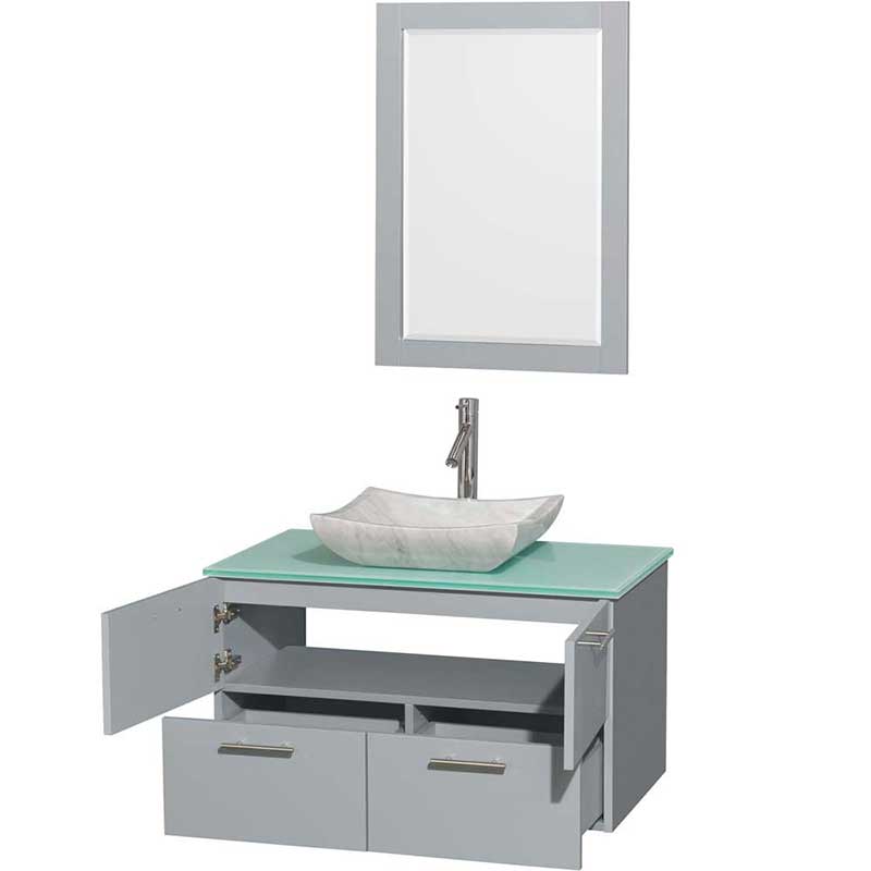 Amare 36" Single Bathroom Vanity in Dove Gray, Green Glass Countertop, Avalon White Carrera Marble Sink and 24" Mirror 2