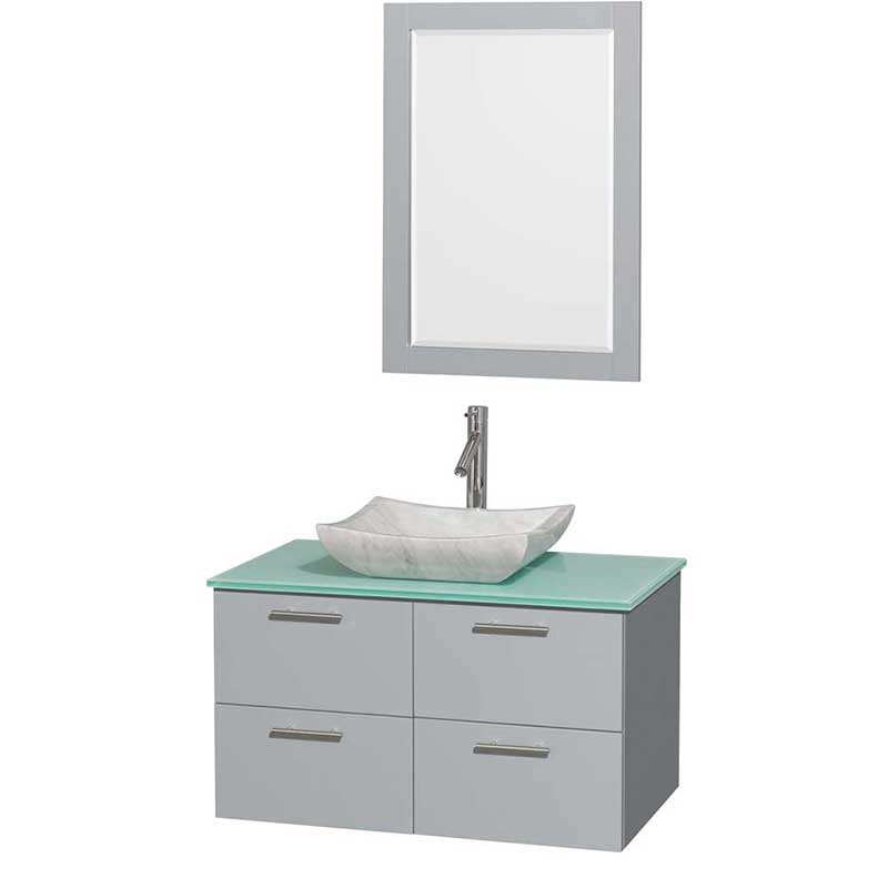 Amare 36" Single Bathroom Vanity in Dove Gray, Green Glass Countertop, Avalon White Carrera Marble Sink and 24" Mirror