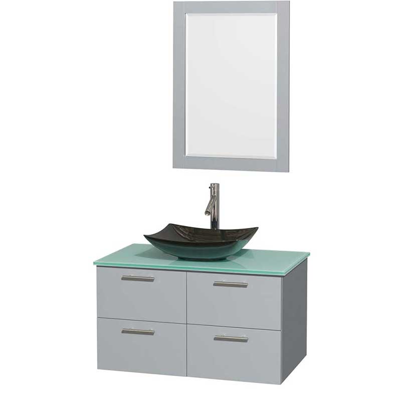 Amare 36" Single Bathroom Vanity in Dove Gray, Green Glass Countertop, Arista Black Granite Sink and 24" Mirror