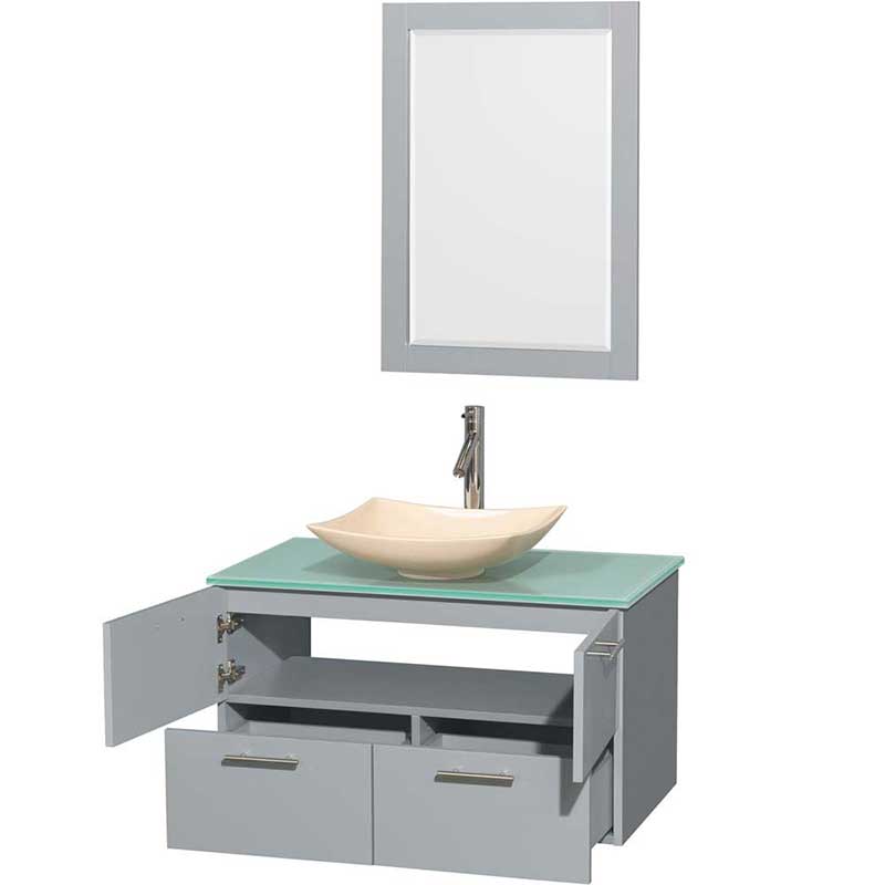 Amare 36" Single Bathroom Vanity in Dove Gray, Green Glass Countertop, Arista Ivory Marble Sink and 24" Mirror 2