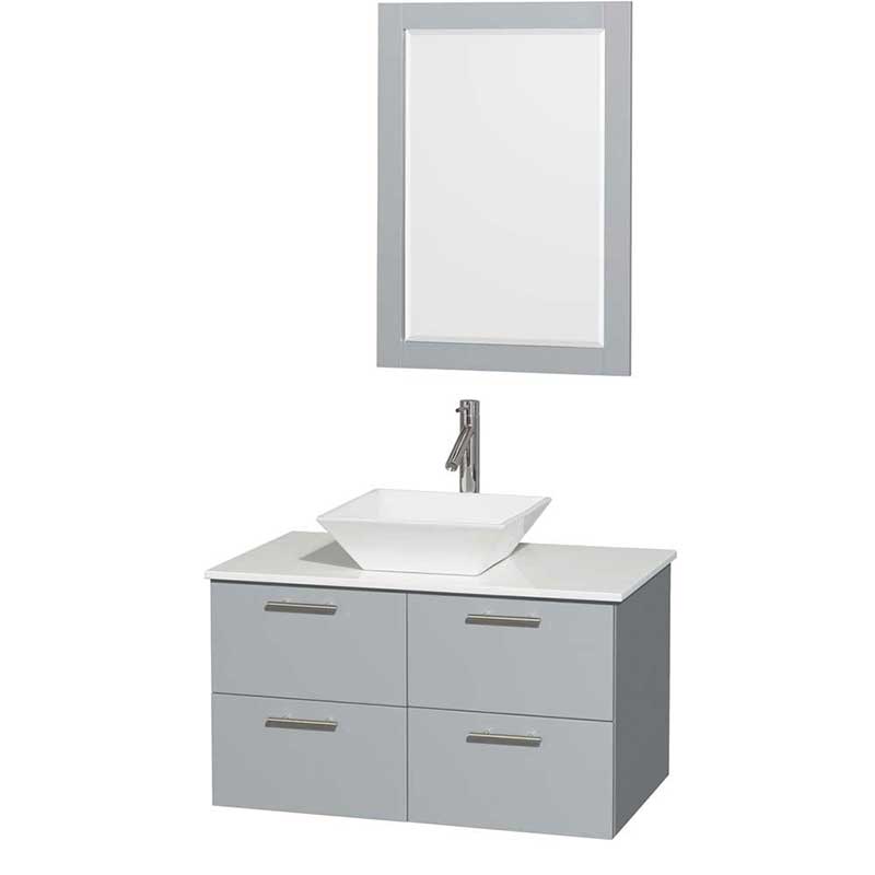 Amare 36" Single Bathroom Vanity in Dove Gray, White Man-Made Stone Countertop, Pyra White Porcelain Sink and 24" Mirror