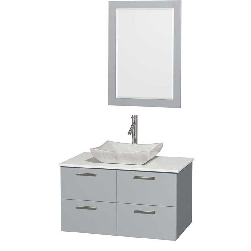Amare 36" Single Bathroom Vanity in Dove Gray, White Man-Made Stone Countertop, Avalon White Carrera Marble Sink and 24" Mirror