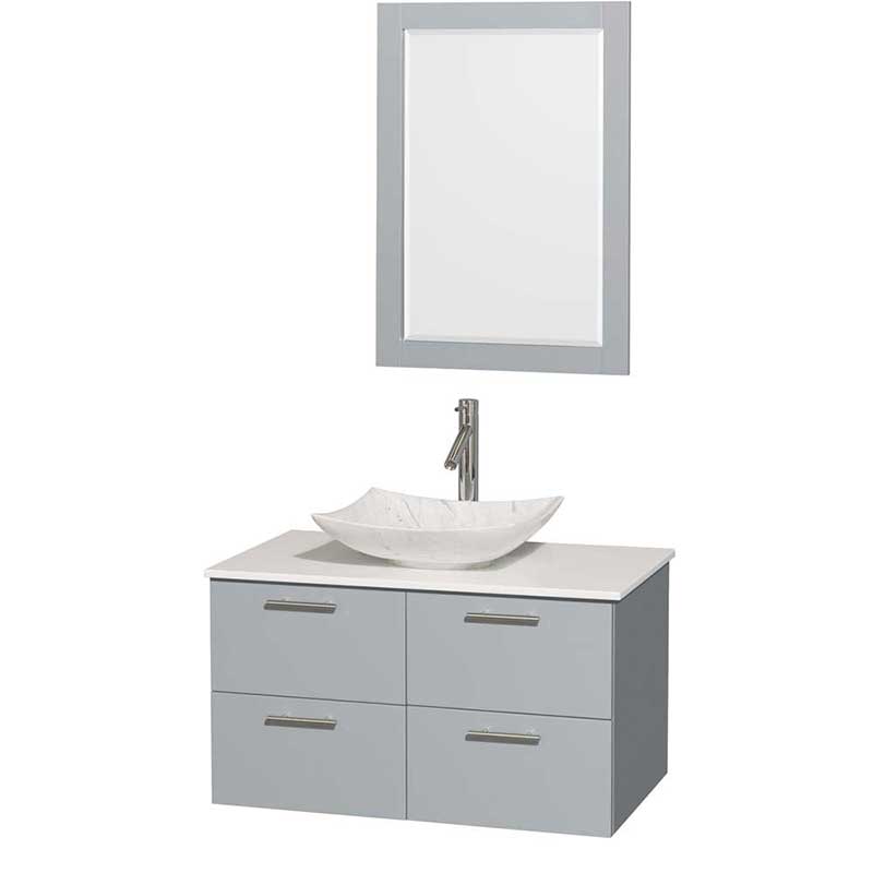 Amare 36" Single Bathroom Vanity in Dove Gray, White Man-Made Stone Countertop, Arista White Carrera Marble Sink and 24" Mirror