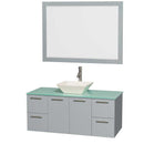 Amare 48" Single Bathroom Vanity in Dove Gray, Green Glass Countertop, Pyra Bone Porcelain Sink and 46" Mirror