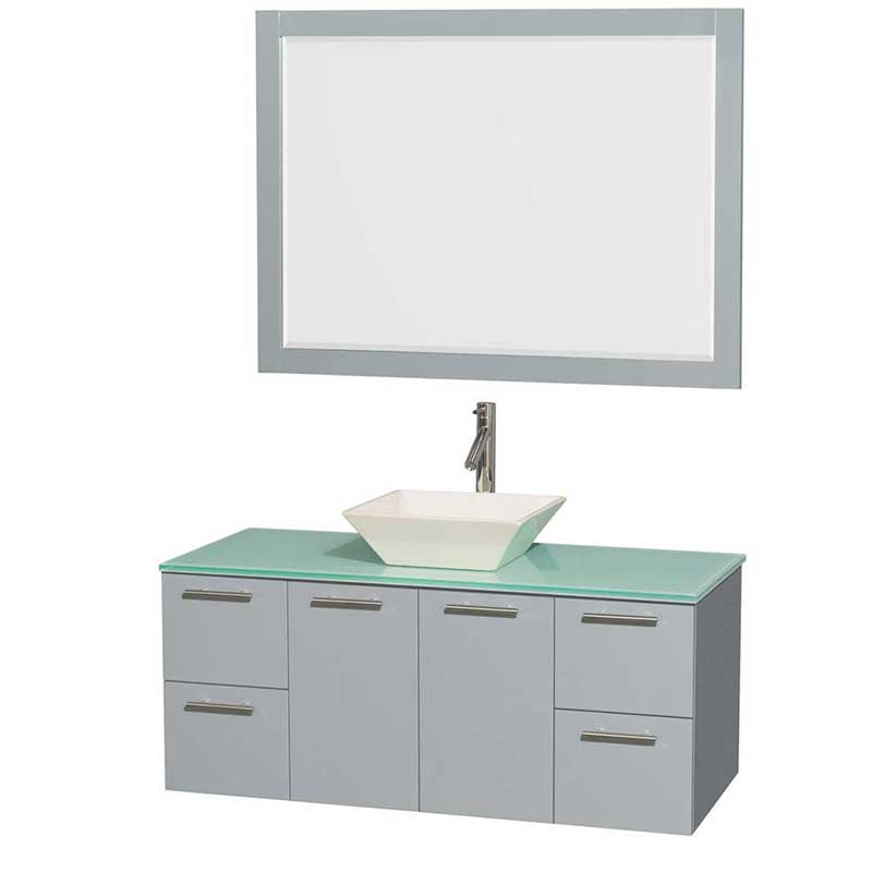 Amare 48" Single Bathroom Vanity in Dove Gray, Green Glass Countertop, Pyra Bone Porcelain Sink and 46" Mirror