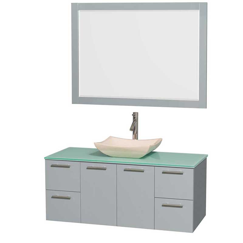 Amare 48" Single Bathroom Vanity in Dove Gray, Green Glass Countertop, Avalon Ivory Marble Sink and 46" Mirror