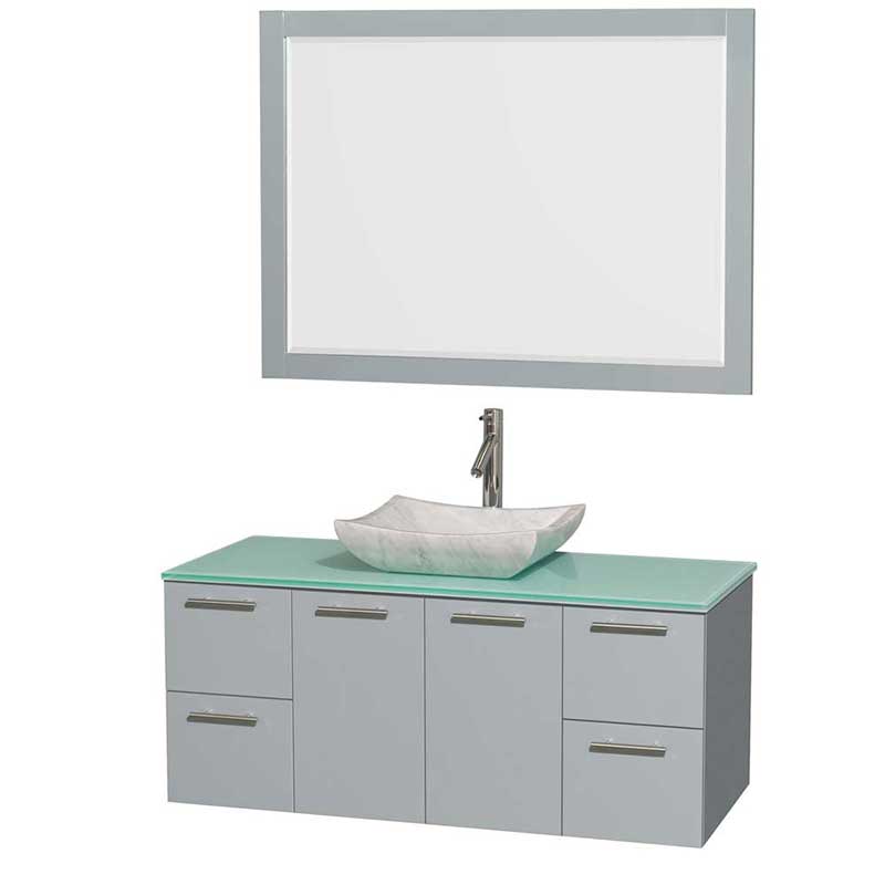 Amare 48" Single Bathroom Vanity in Dove Gray, Green Glass Countertop, Avalon White Carrera Marble Sink and 46" Mirror