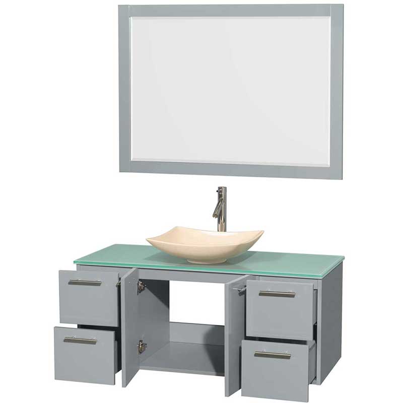 Amare 48" Single Bathroom Vanity in Dove Gray, Green Glass Countertop, Arista Ivory Marble Sink and 46" Mirror 2