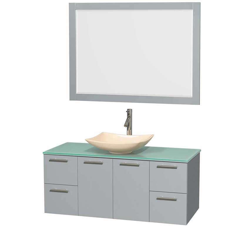 Amare 48" Single Bathroom Vanity in Dove Gray, Green Glass Countertop, Arista Ivory Marble Sink and 46" Mirror