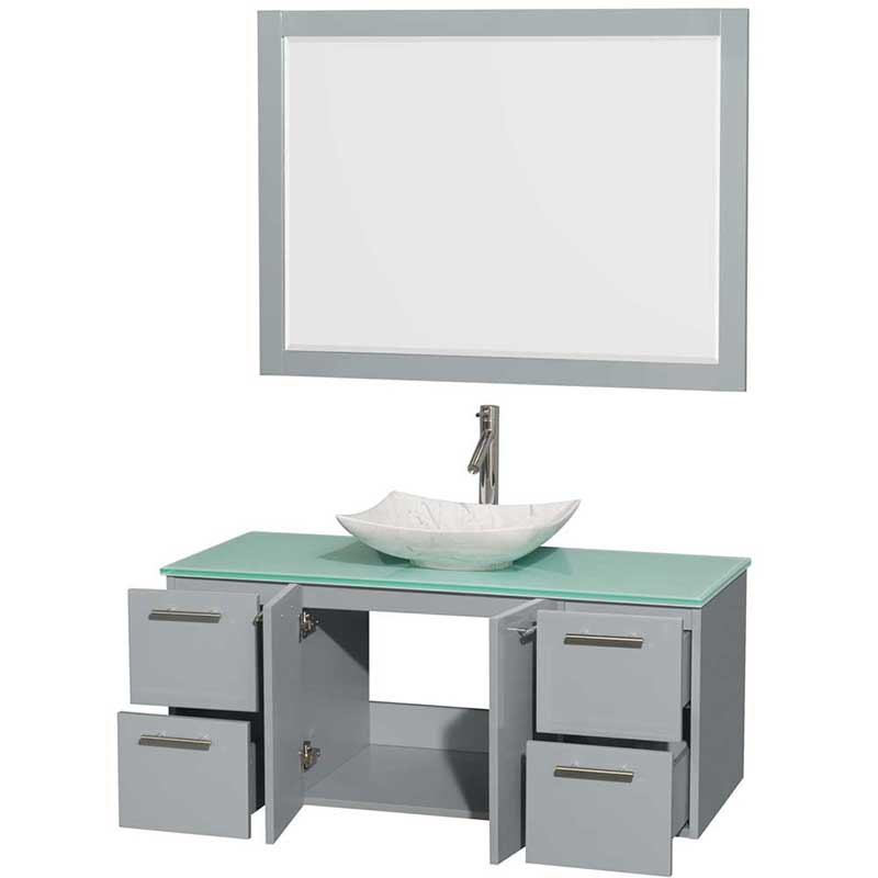 Amare 48" Single Bathroom Vanity in Dove Gray, Green Glass Countertop, Arista White Carrera Marble Sink and 46" Mirror 2