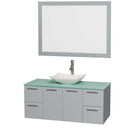 Amare 48" Single Bathroom Vanity in Dove Gray, Green Glass Countertop, Arista White Carrera Marble Sink and 46" Mirror