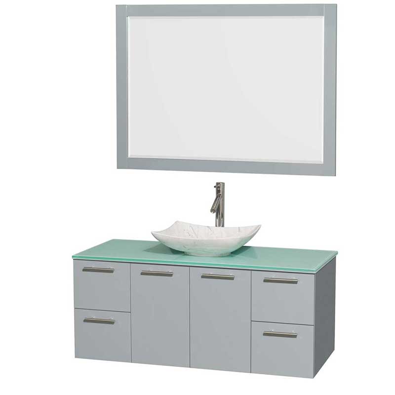 Amare 48" Single Bathroom Vanity in Dove Gray, Green Glass Countertop, Arista White Carrera Marble Sink and 46" Mirror