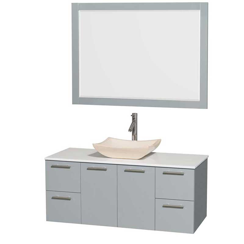 Amare 48" Single Bathroom Vanity in Dove Gray, White Man-Made Stone Countertop, Avalon Ivory Marble Sink and 46" Mirror