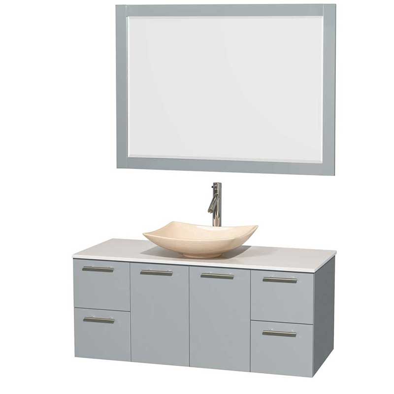 Amare 48" Single Bathroom Vanity in Dove Gray, White Man-Made Stone Countertop, Arista Ivory Marble Sink and 46" Mirror