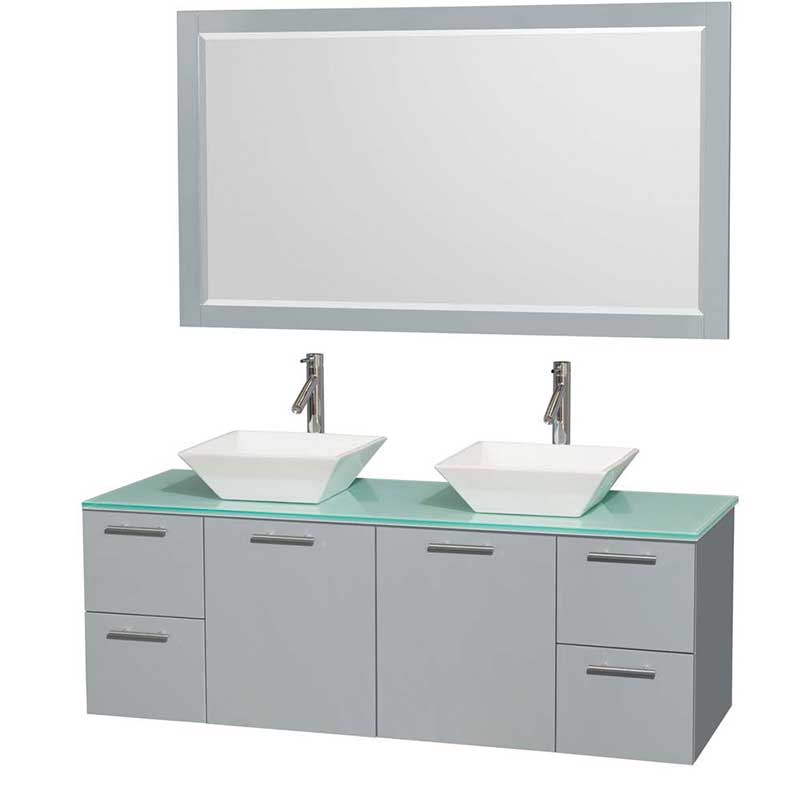Amare 60" Double Bathroom Vanity in Dove Gray, Green Glass Countertop, Pyra White Porcelain Sinks and 58" Mirror