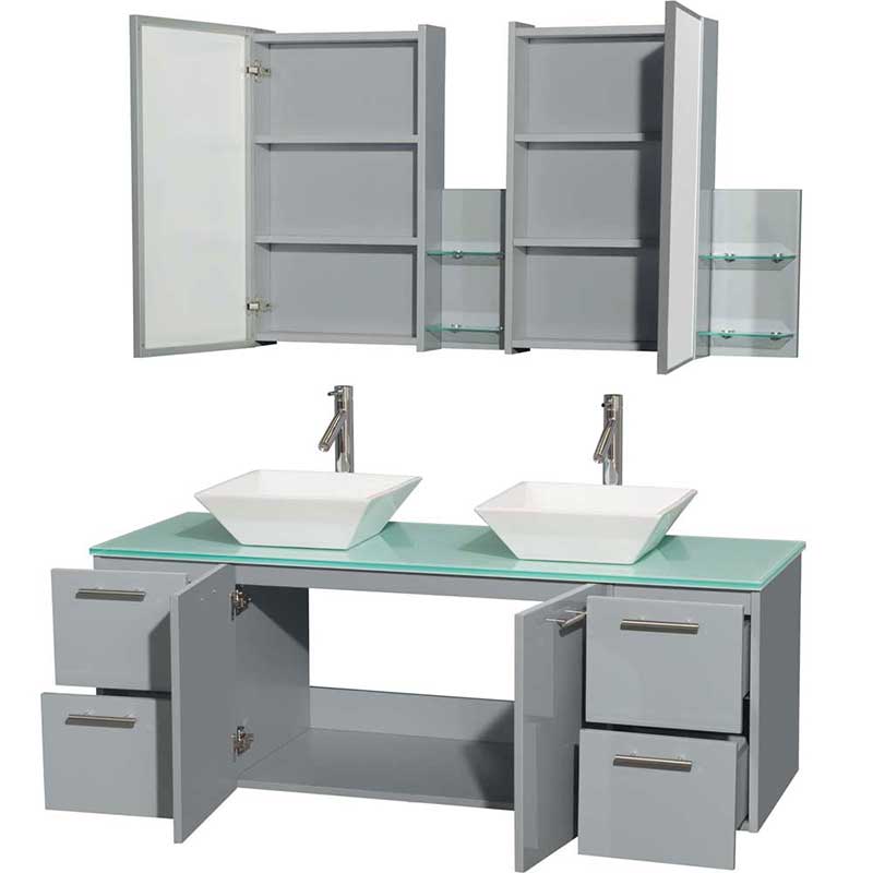 Amare 60" Double Bathroom Vanity in Dove Gray, Green Glass Countertop, Pyra White Porcelain Sinks and Medicine Cabinet 2
