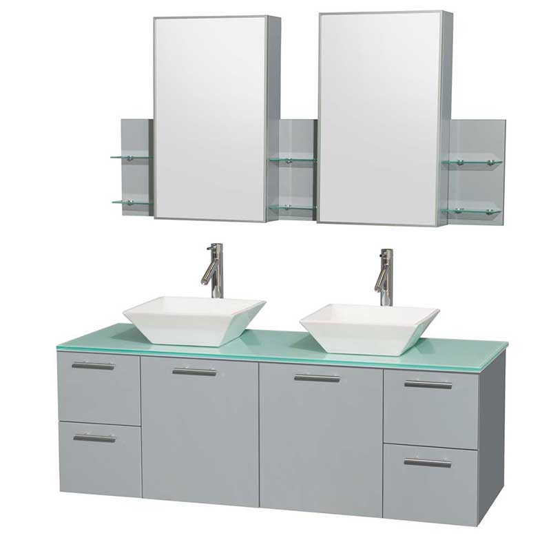 Amare 60" Double Bathroom Vanity in Dove Gray, Green Glass Countertop, Pyra White Porcelain Sinks and Medicine Cabinet