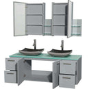 Amare 60" Double Bathroom Vanity in Dove Gray, Green Glass Countertop, Altair Black Granite Sinks and Medicine Cabinet 2