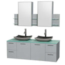 Amare 60" Double Bathroom Vanity in Dove Gray, Green Glass Countertop, Altair Black Granite Sinks and Medicine Cabinet