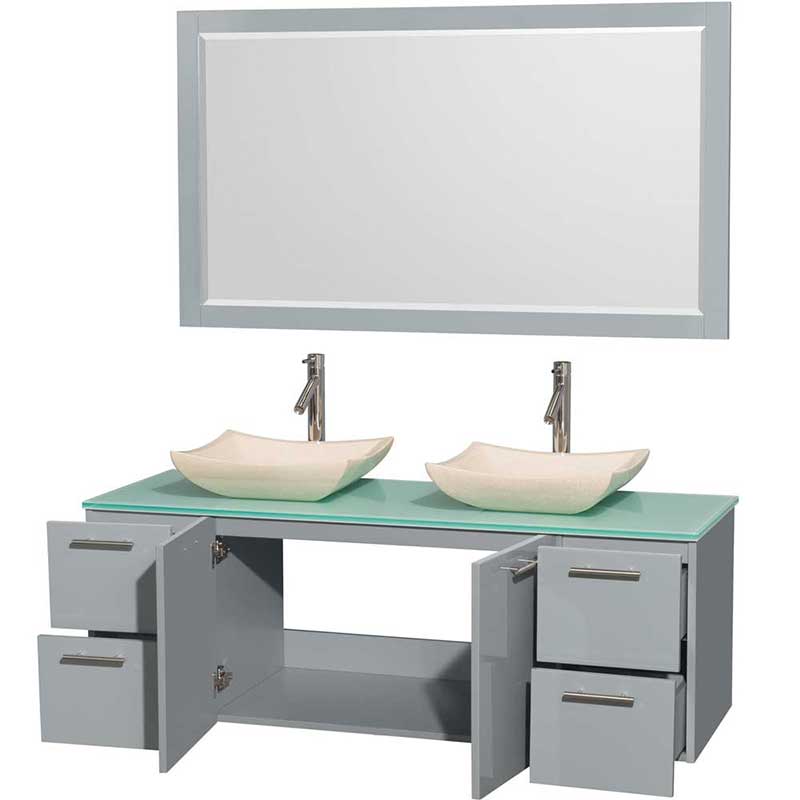 Amare 60" Double Bathroom Vanity in Dove Gray, Green Glass Countertop, Avalon Ivory Marble Sinks and 58" Mirror 2