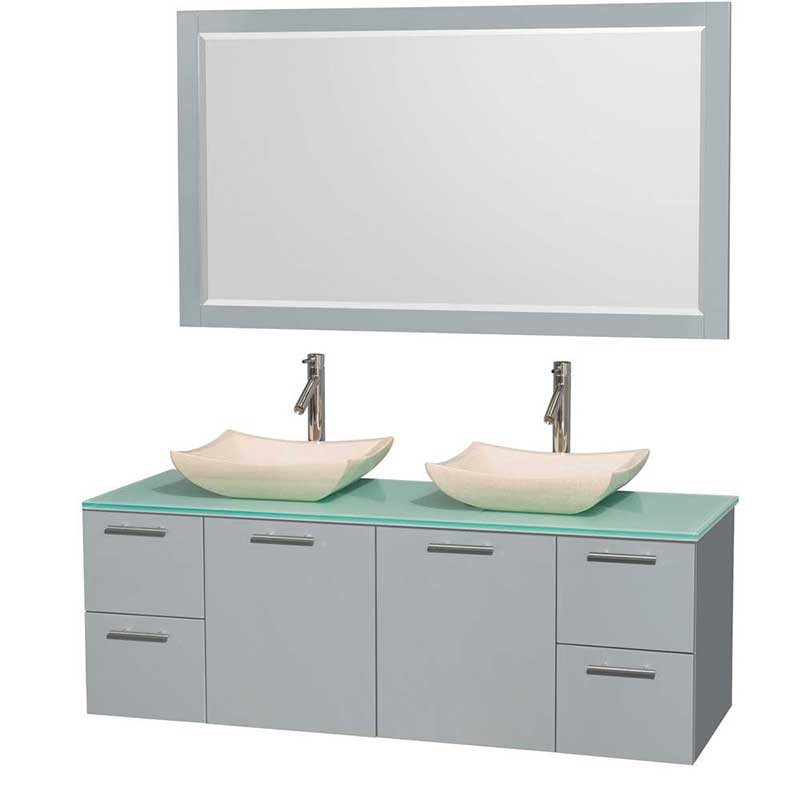 Amare 60" Double Bathroom Vanity in Dove Gray, Green Glass Countertop, Avalon Ivory Marble Sinks and 58" Mirror