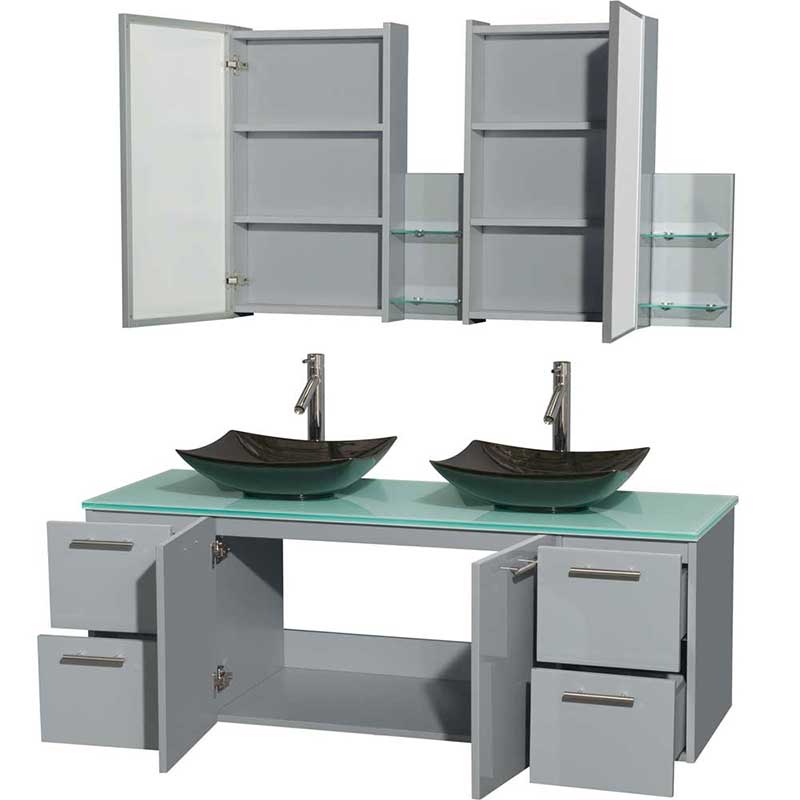 Amare 60" Double Bathroom Vanity in Dove Gray, Green Glass Countertop, Arista Black Granite Sinks and Medicine Cabinet 2