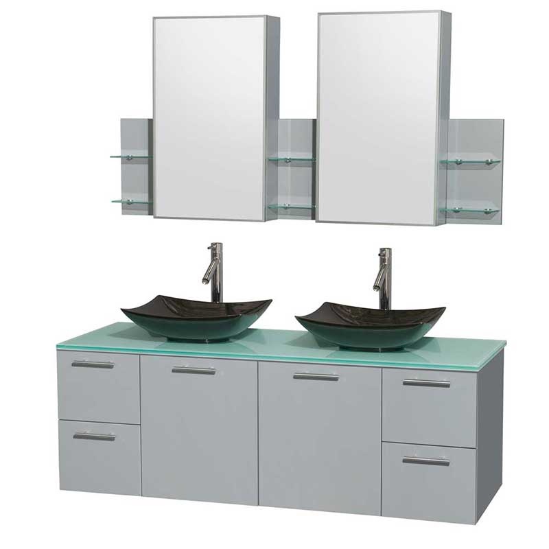 Amare 60" Double Bathroom Vanity in Dove Gray, Green Glass Countertop, Arista Black Granite Sinks and Medicine Cabinet