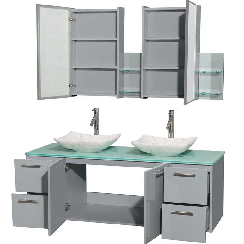 Amare 60" Double Bathroom Vanity in Dove Gray, Green Glass Countertop, Arista White Carrera Marble Sinks and Medicine Cabinet 2