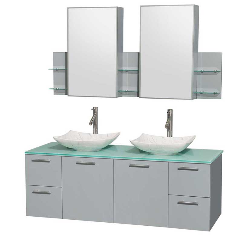 Amare 60" Double Bathroom Vanity in Dove Gray, Green Glass Countertop, Arista White Carrera Marble Sinks and Medicine Cabinet