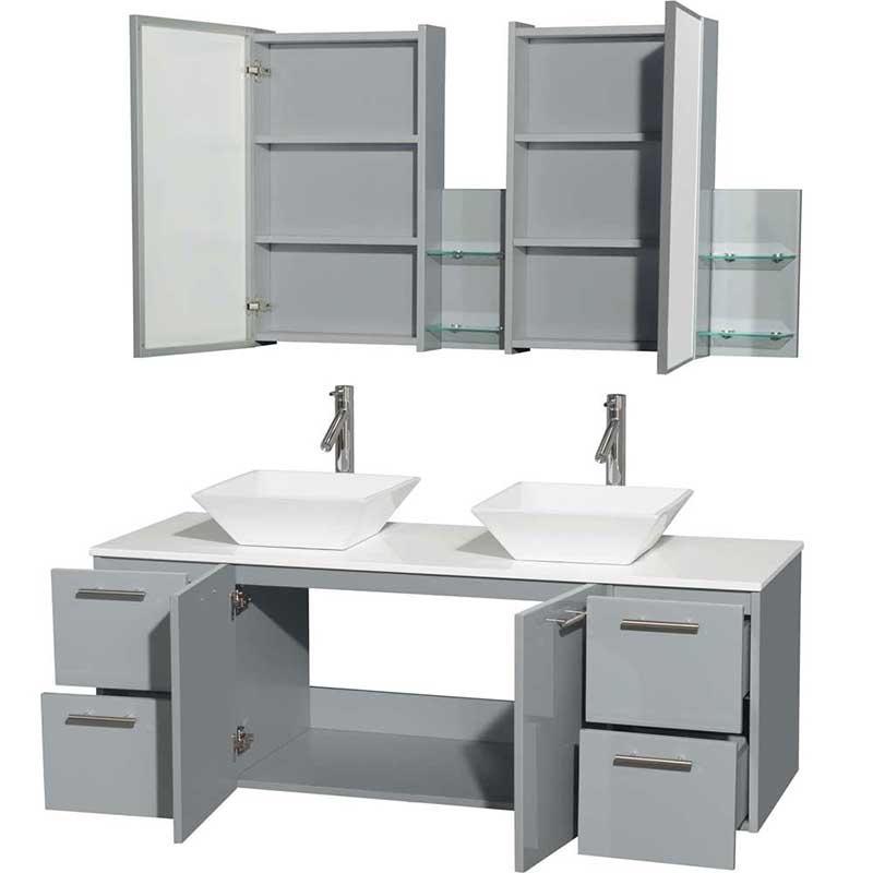 Amare 60" Double Bathroom Vanity in Dove Gray, White Man-Made Stone Countertop, Pyra White Porcelain Sinks and Medicine Cabinet 2