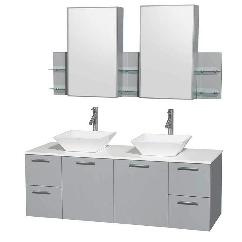 Amare 60" Double Bathroom Vanity in Dove Gray, White Man-Made Stone Countertop, Pyra White Porcelain Sinks and Medicine Cabinet