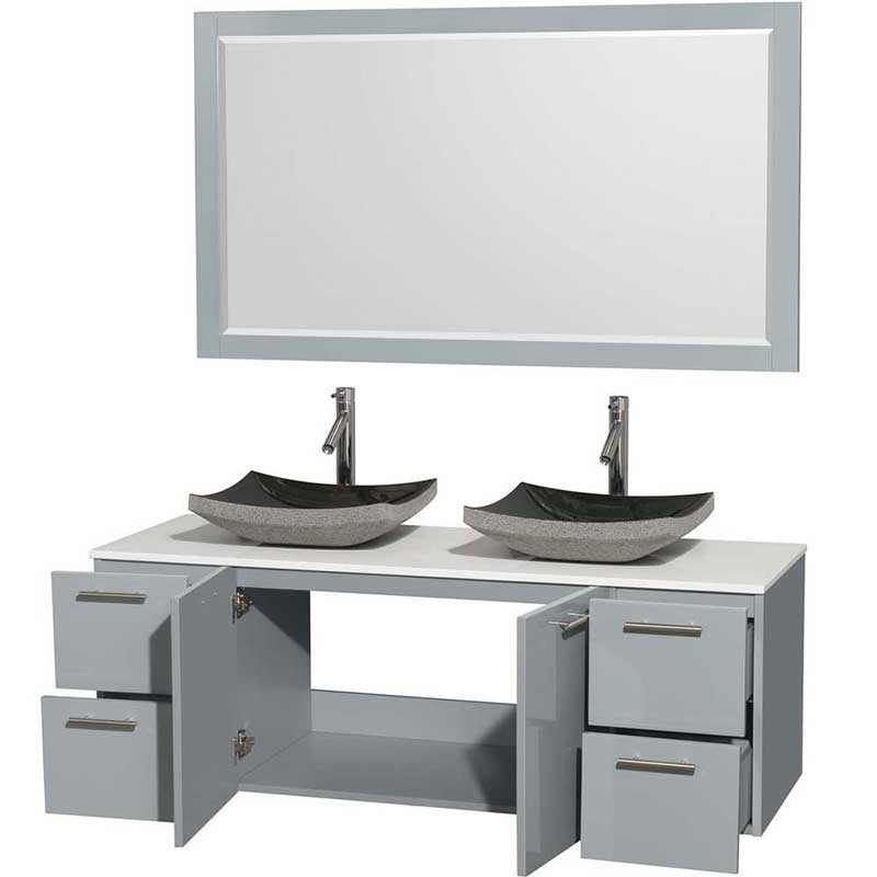 Amare 60" Double Bathroom Vanity in Dove Gray, White Man-Made Stone Countertop, Altair Black Granite Sinks and 58" Mirror 2
