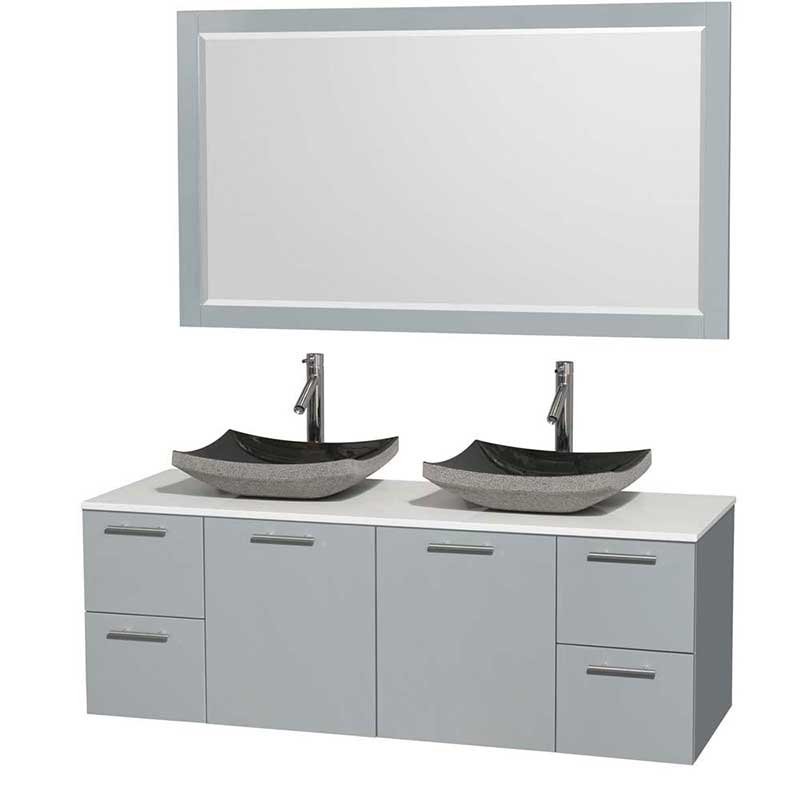 Amare 60" Double Bathroom Vanity in Dove Gray, White Man-Made Stone Countertop, Altair Black Granite Sinks and 58" Mirror