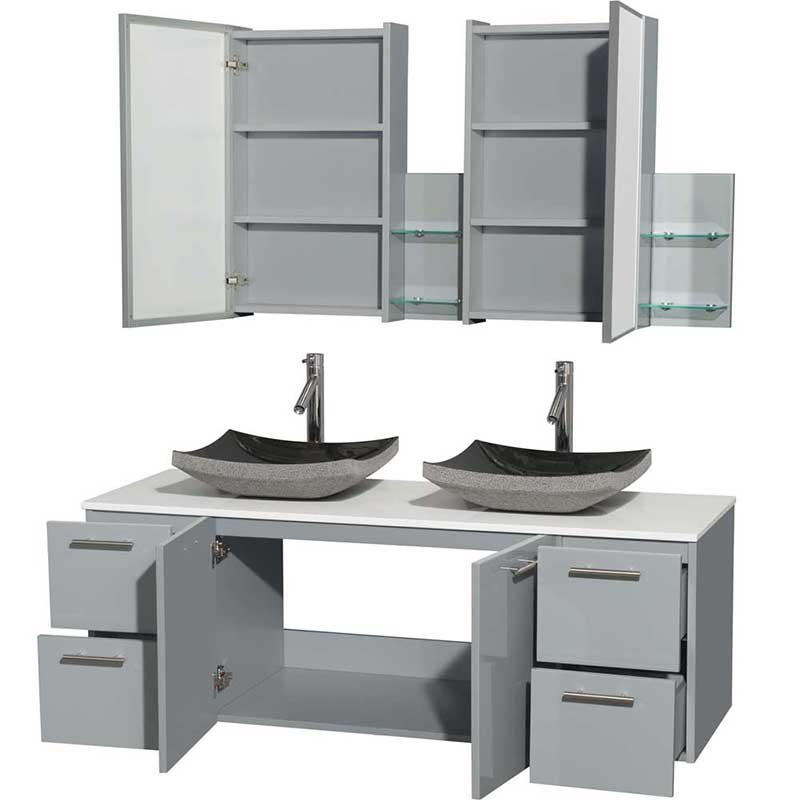 Amare 60" Double Bathroom Vanity in Dove Gray, White Man-Made Stone Countertop, Altair Black Granite Sinks and Medicine Cabinet 2
