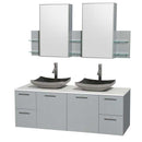 Amare 60" Double Bathroom Vanity in Dove Gray, White Man-Made Stone Countertop, Altair Black Granite Sinks and Medicine Cabinet